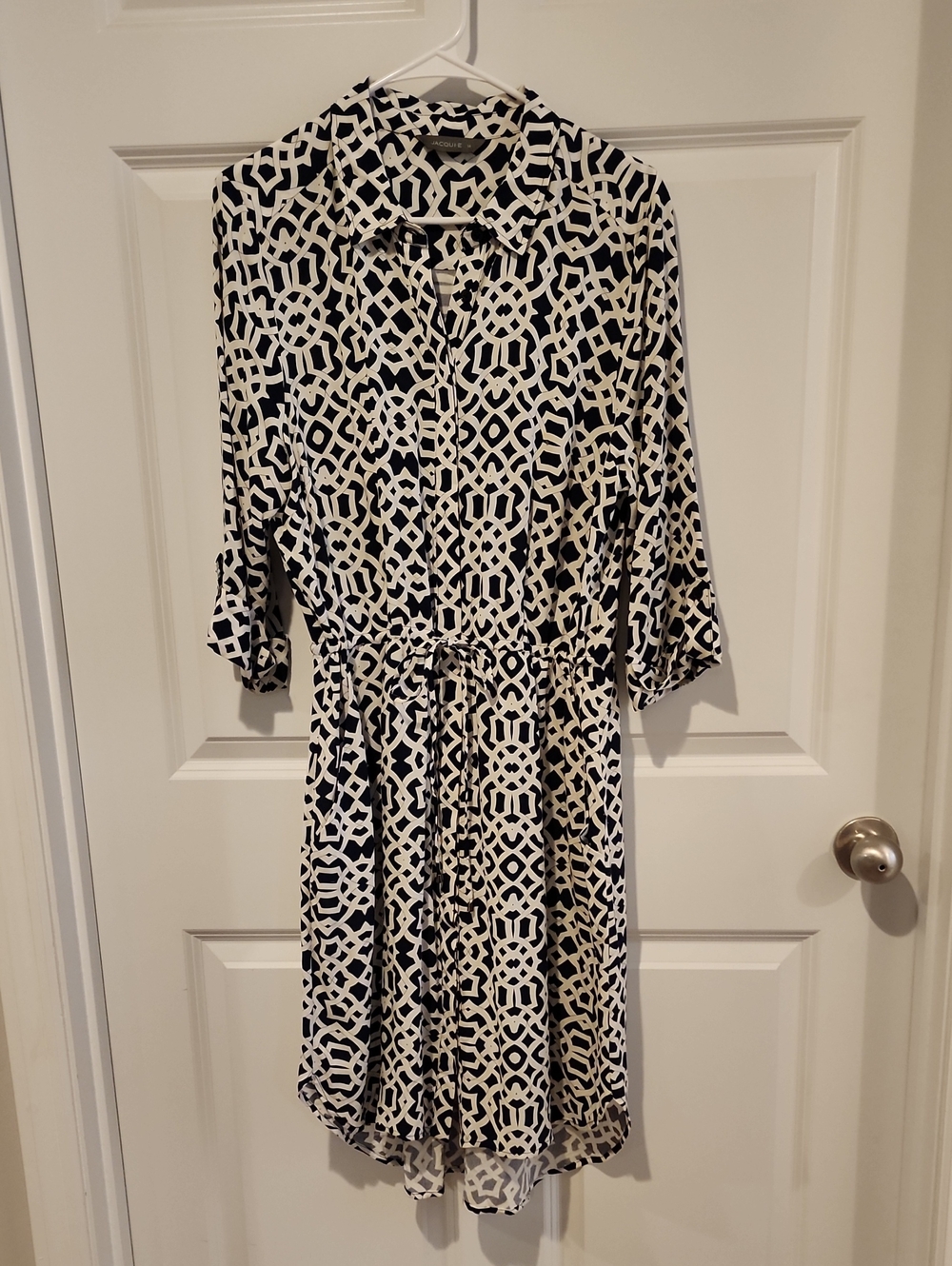 Jacqui E Navy and White Geometric Shirt Dress Sz 14